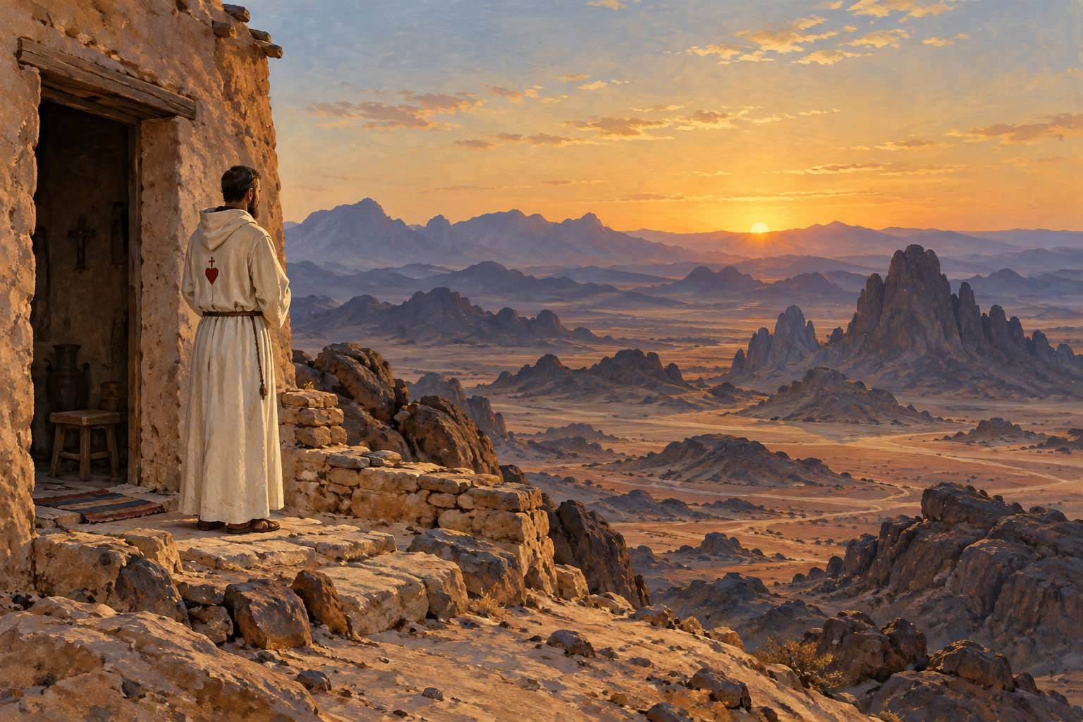 Ilustración de una figura inspirada en Carlos de Foucauld ante una ermita en el desierto